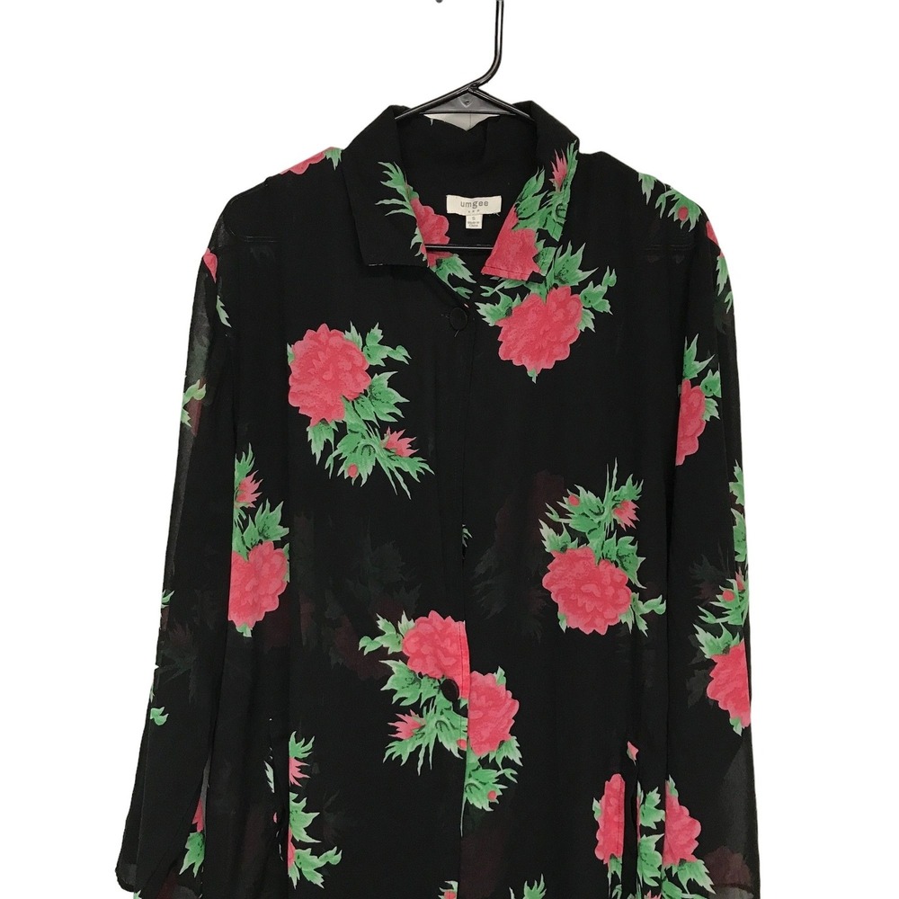 Umgee Womens Floral Duster Kimono Cardigan Black‎ Pink Rose Button Front Small